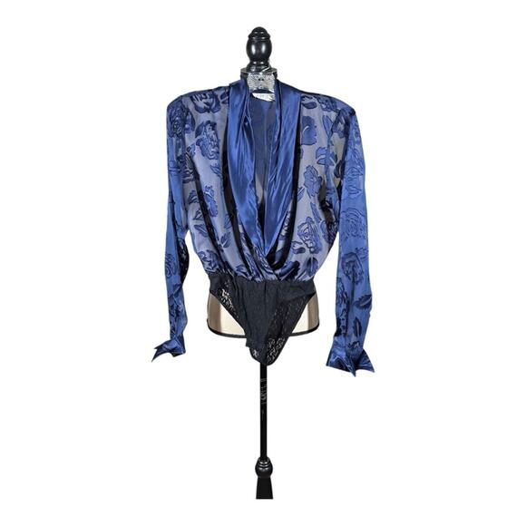 Vintage Cache Rose Velvet Burnout Satin Trim Bodysuit - Picture 2 of 4